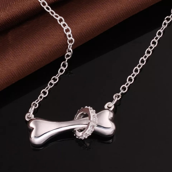 Silver Plated Dog Bone w Collar Choker Necklace - Picture 2 of 4